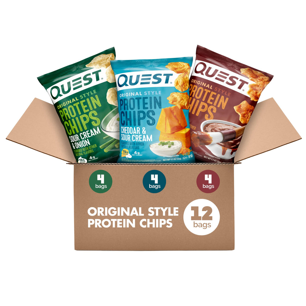 Quest empaque frontal con las tres variedades y beneficio de alto en proteína