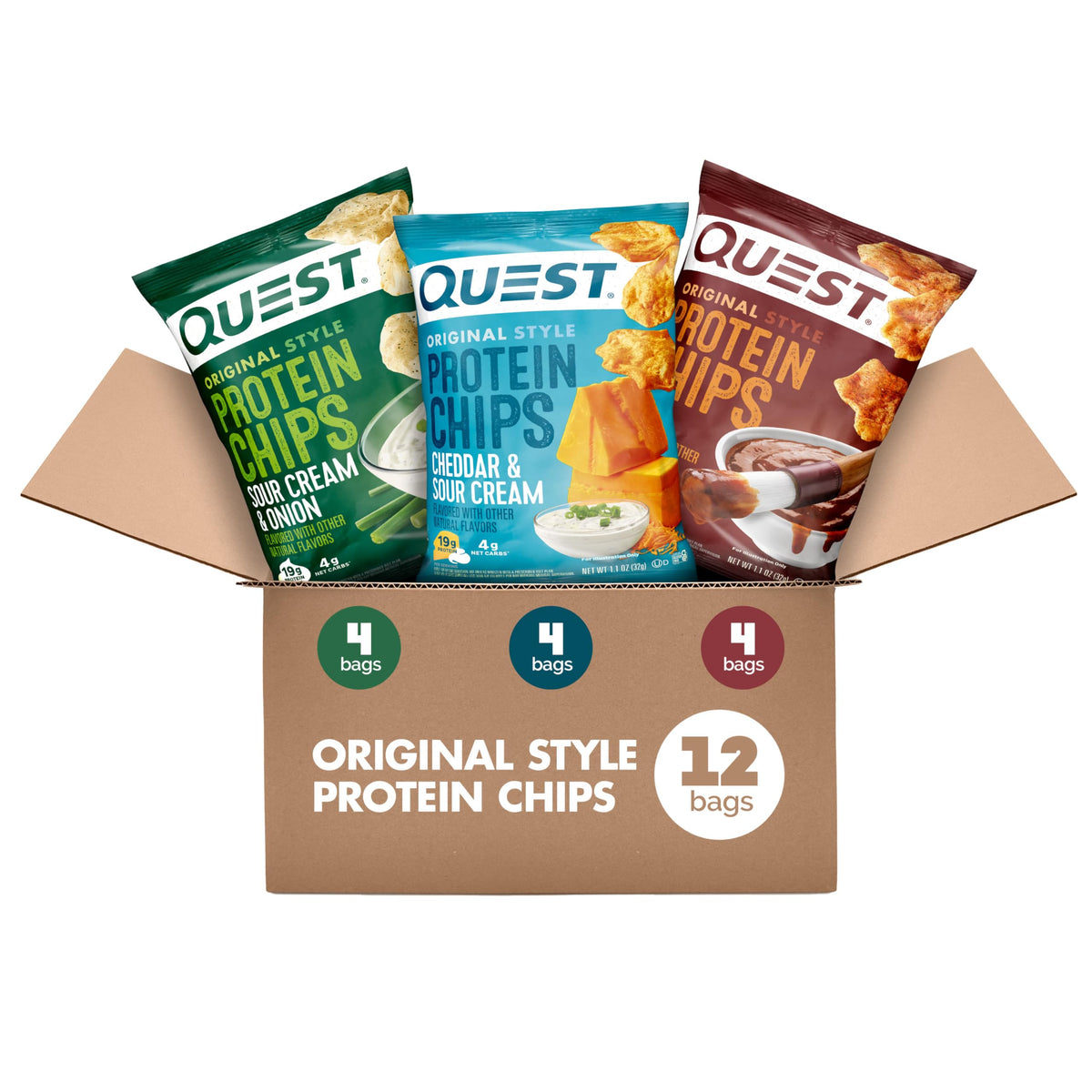 Quest empaque frontal con las tres variedades y beneficio de alto en proteína