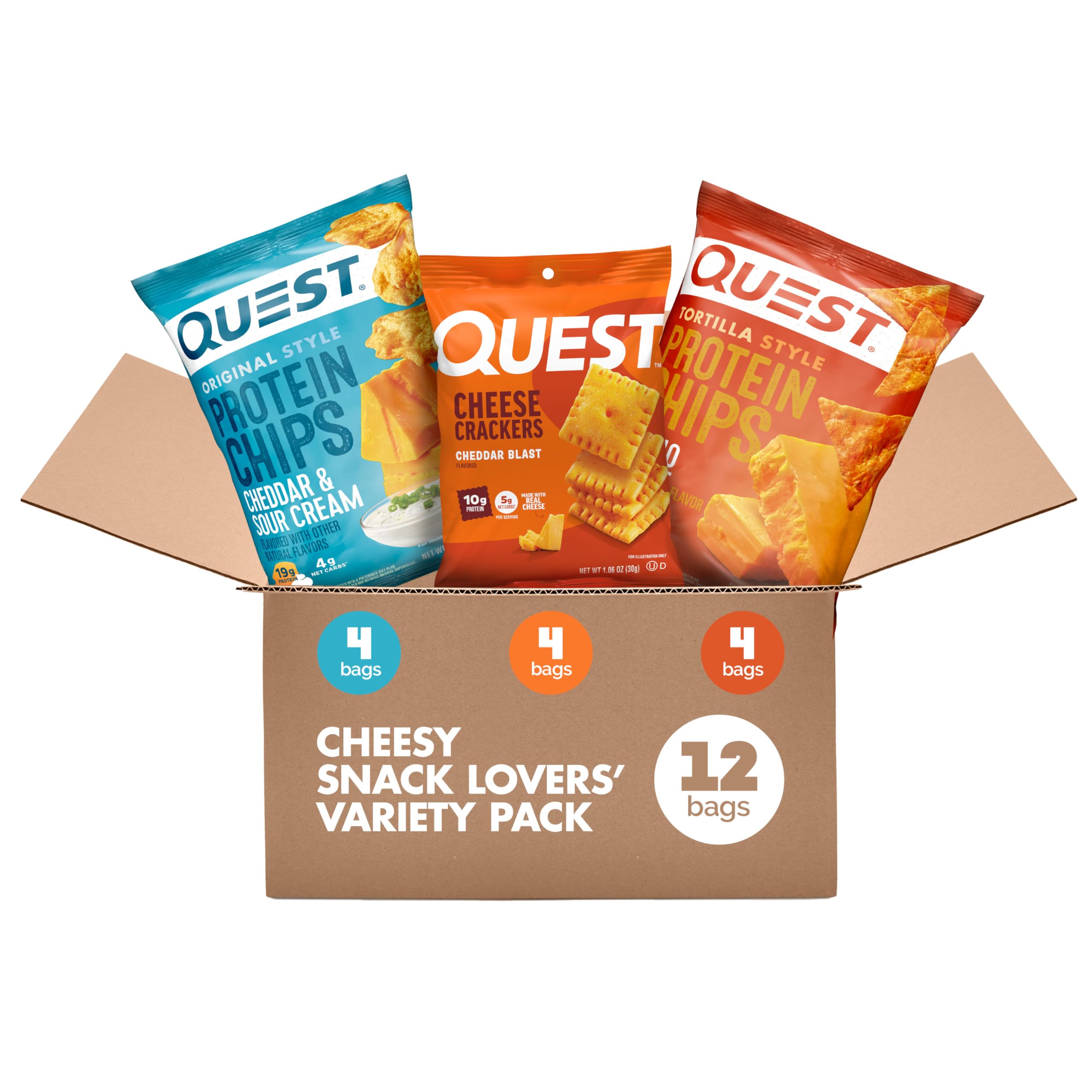 Quest packaging frontal que muestra el surtido y facilita la elección de sabores