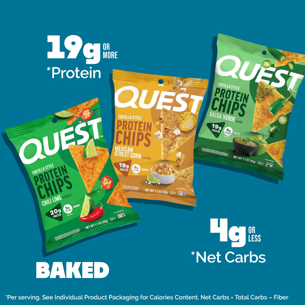Quest tortilla chips primer plano de textura crujiente que destaca proteína y bajo carbohidrato