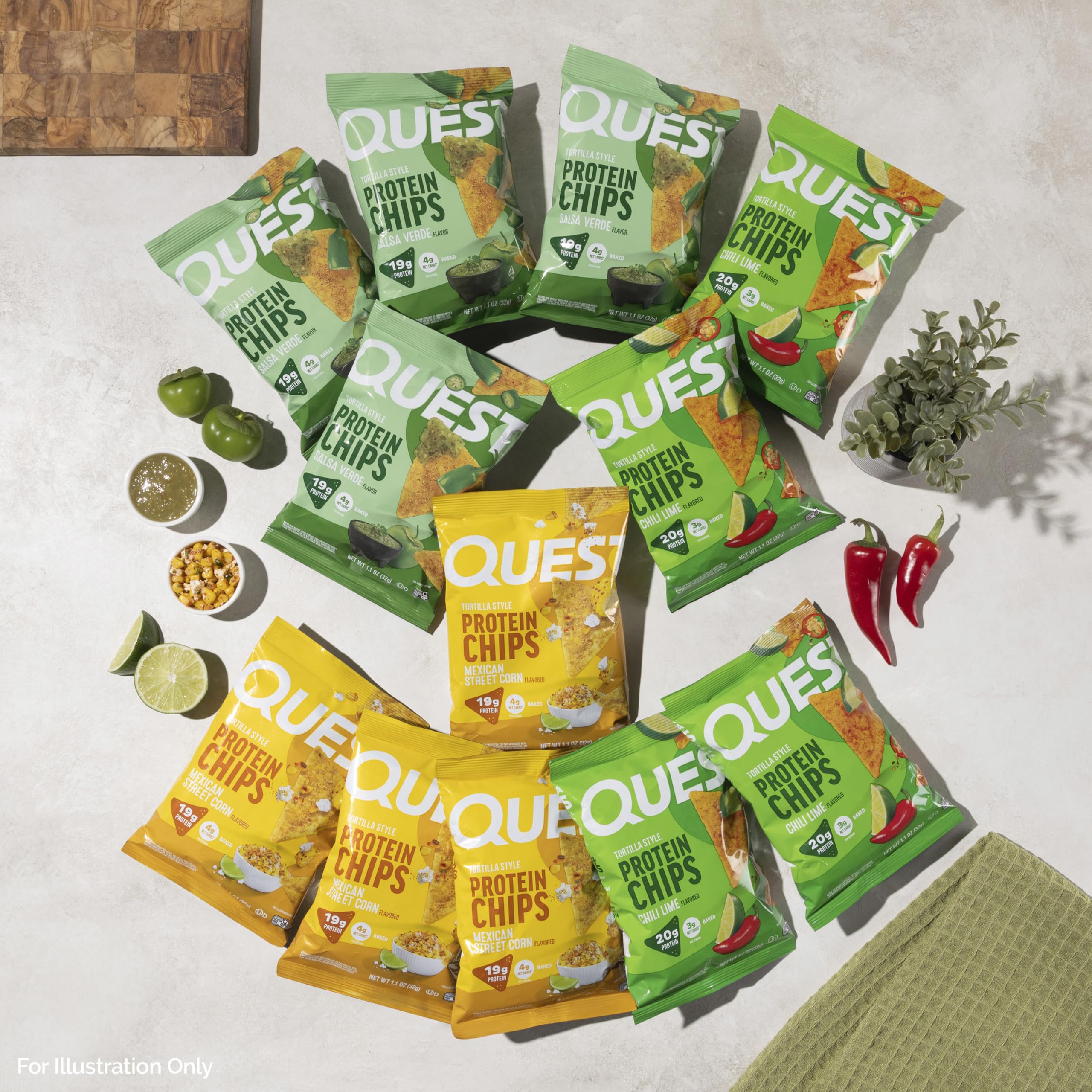Quest tortilla chips etiqueta nutricional mostrando gramos de proteína por porción