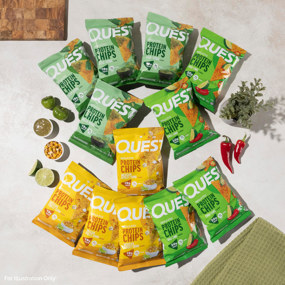 Quest tortilla chips etiqueta nutricional mostrando gramos de proteína por porción