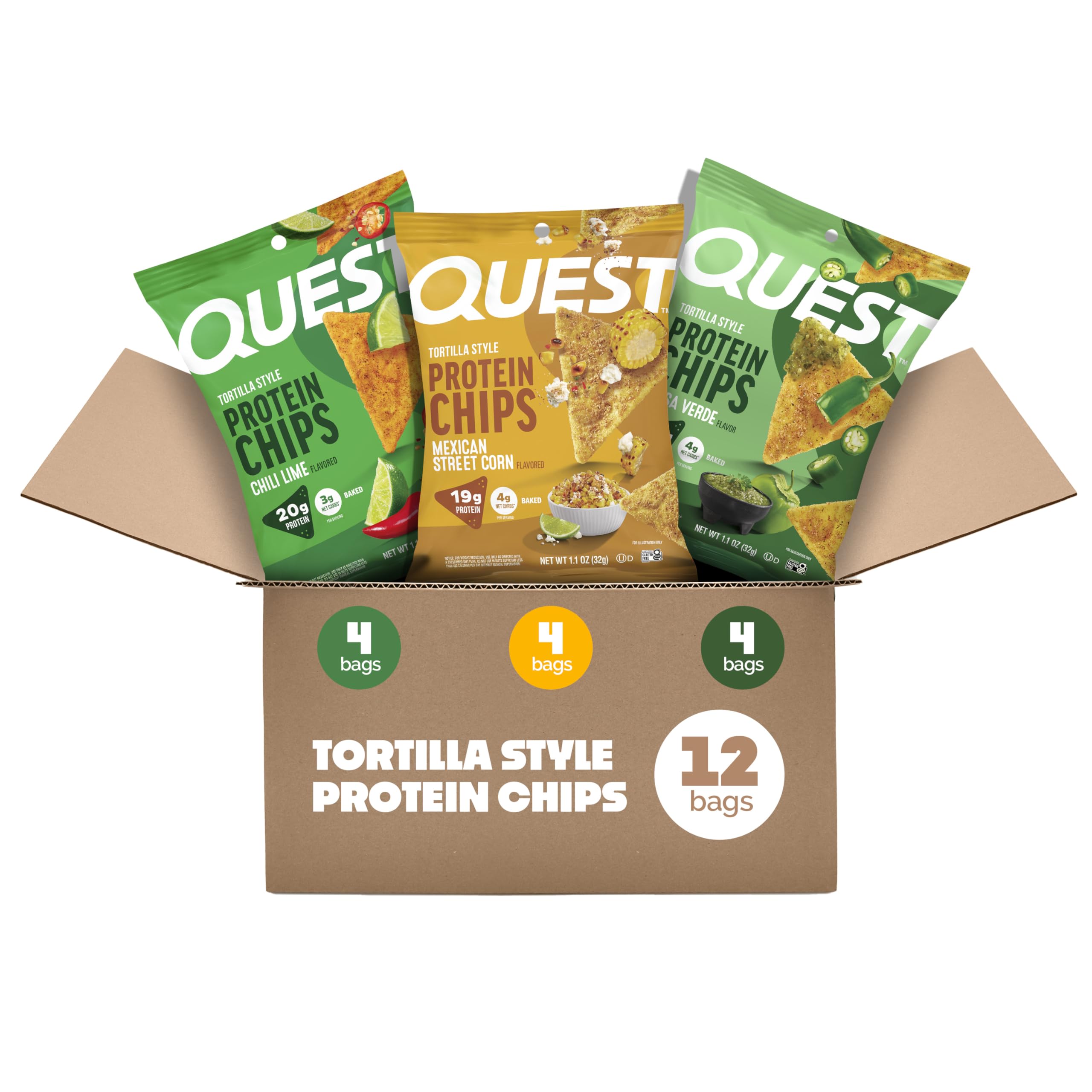 Quest tortilla chips frente del empaque mostrando sabores y conteo de porciones
