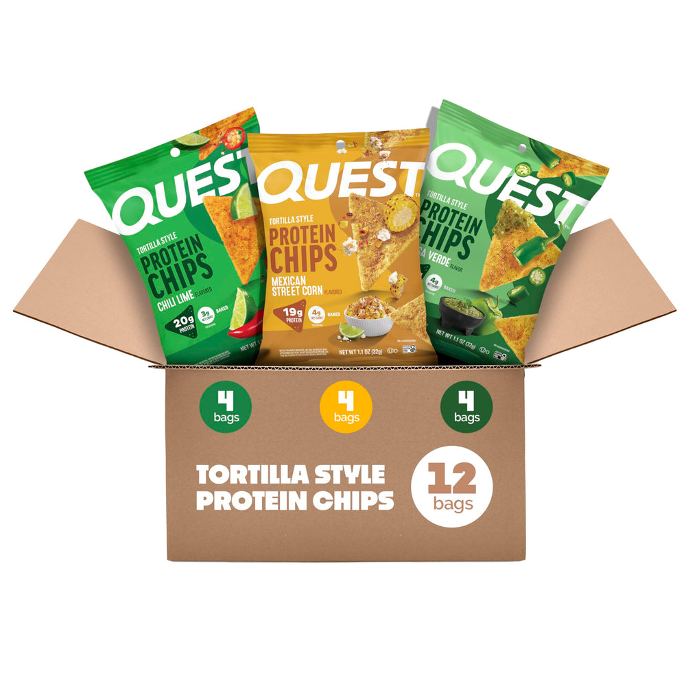 Quest tortilla chips frente del empaque mostrando sabores y conteo de porciones