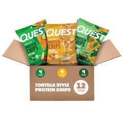 Quest tortilla chips frente del empaque mostrando sabores y conteo de porciones