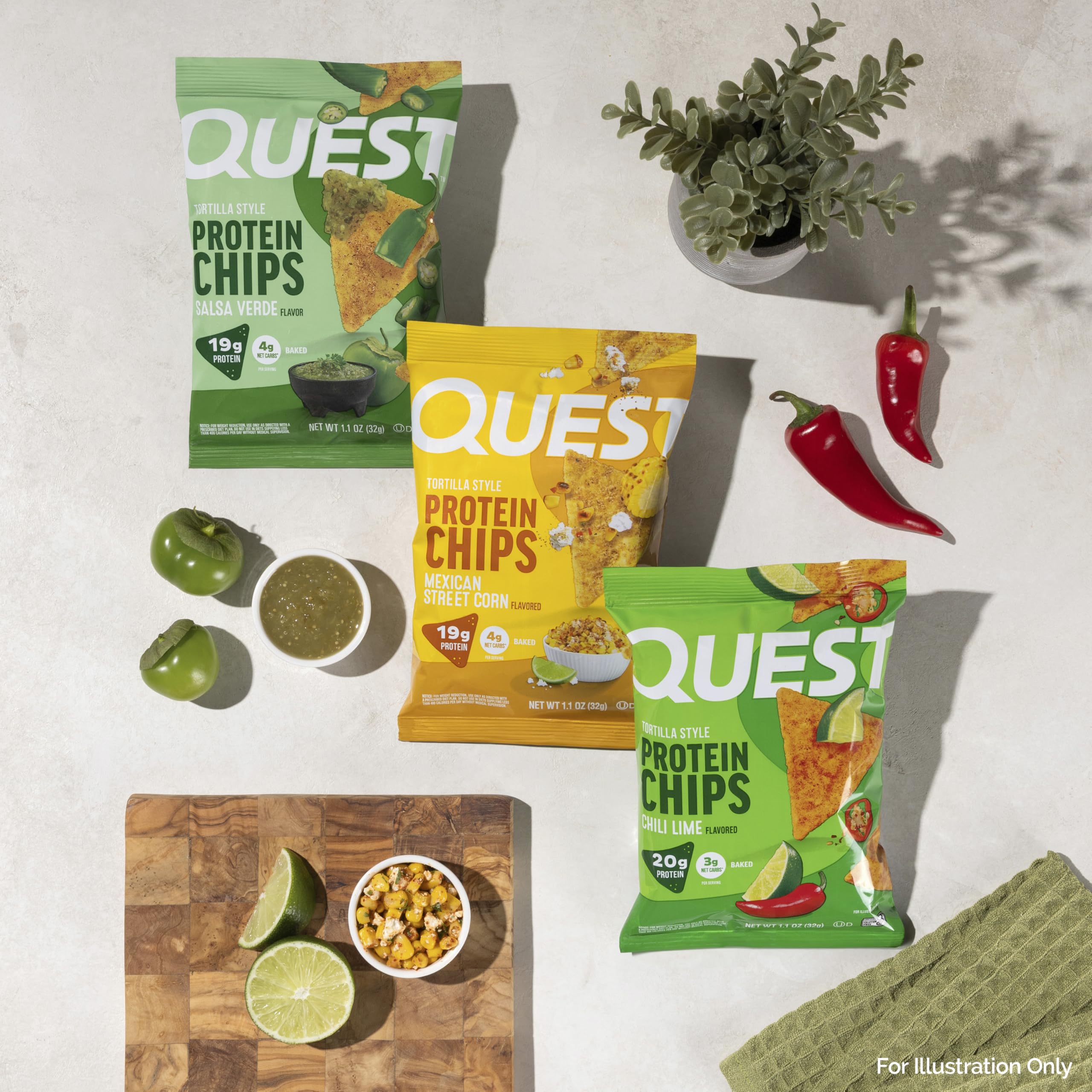 Quest tortilla chips comparación de tamaño en mano para ver porción individual