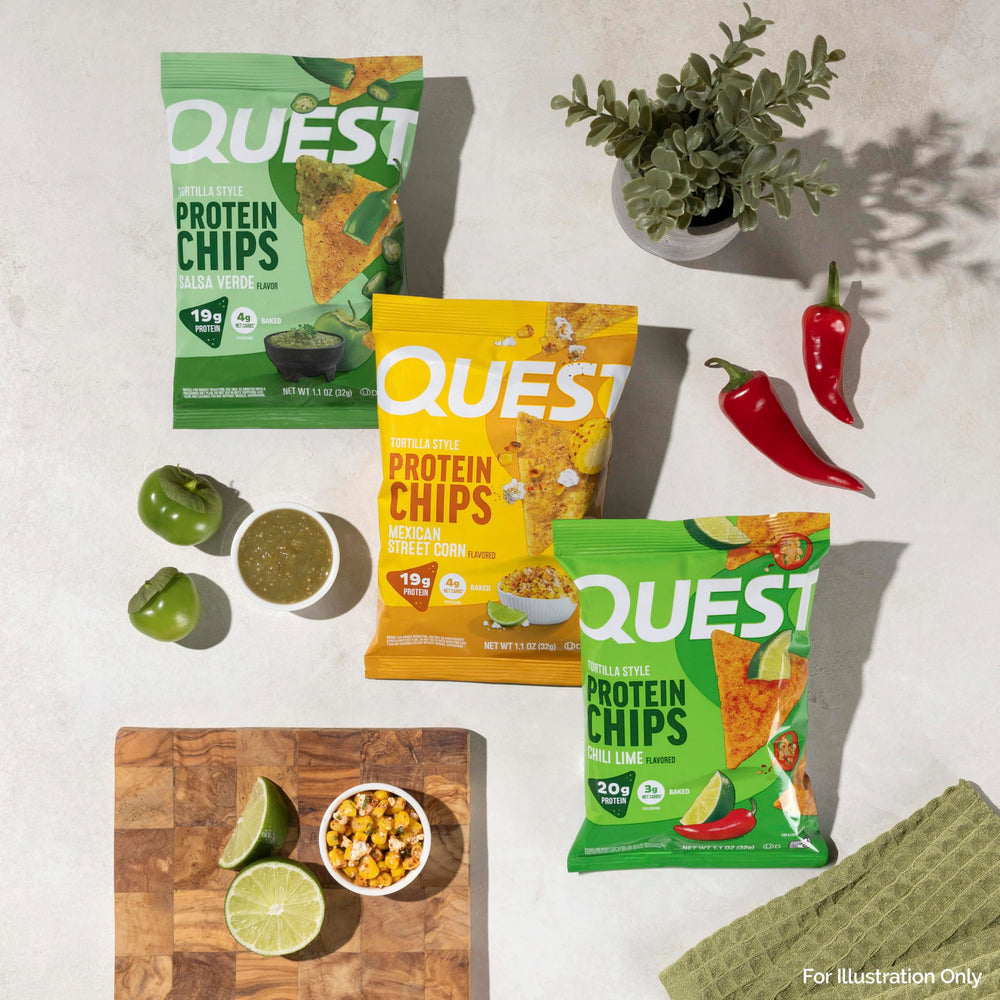 Quest tortilla chips comparación de tamaño en mano para ver porción individual