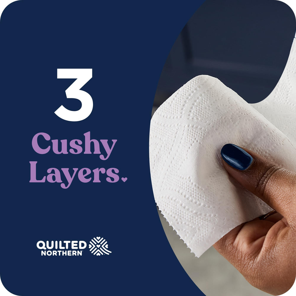 Quilted Northern rollo en uso en baño, sensación cómoda y resistente