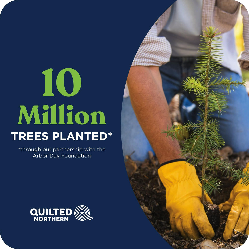 Quilted Northern etiqueta con información de reforestación y compromiso ambiental