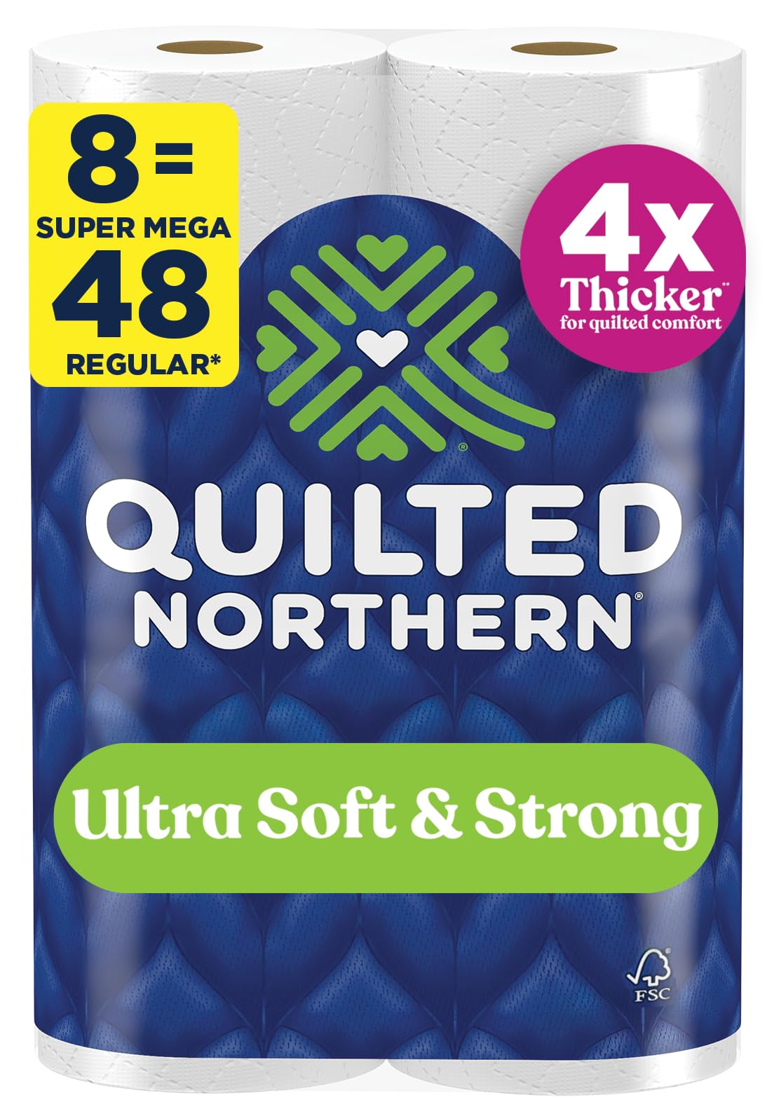 Quilted Northern frente del paquete mostrando 8 Super Mega Rolls y ahorro de recambios
