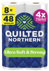 Quilted Northern frente del paquete mostrando 8 Super Mega Rolls y ahorro de recambios