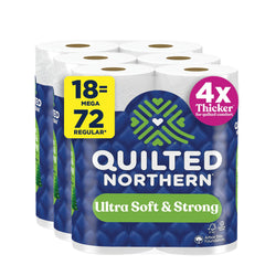Quilted Northern frente del paquete mostrando 18 mega rollos y ahorro