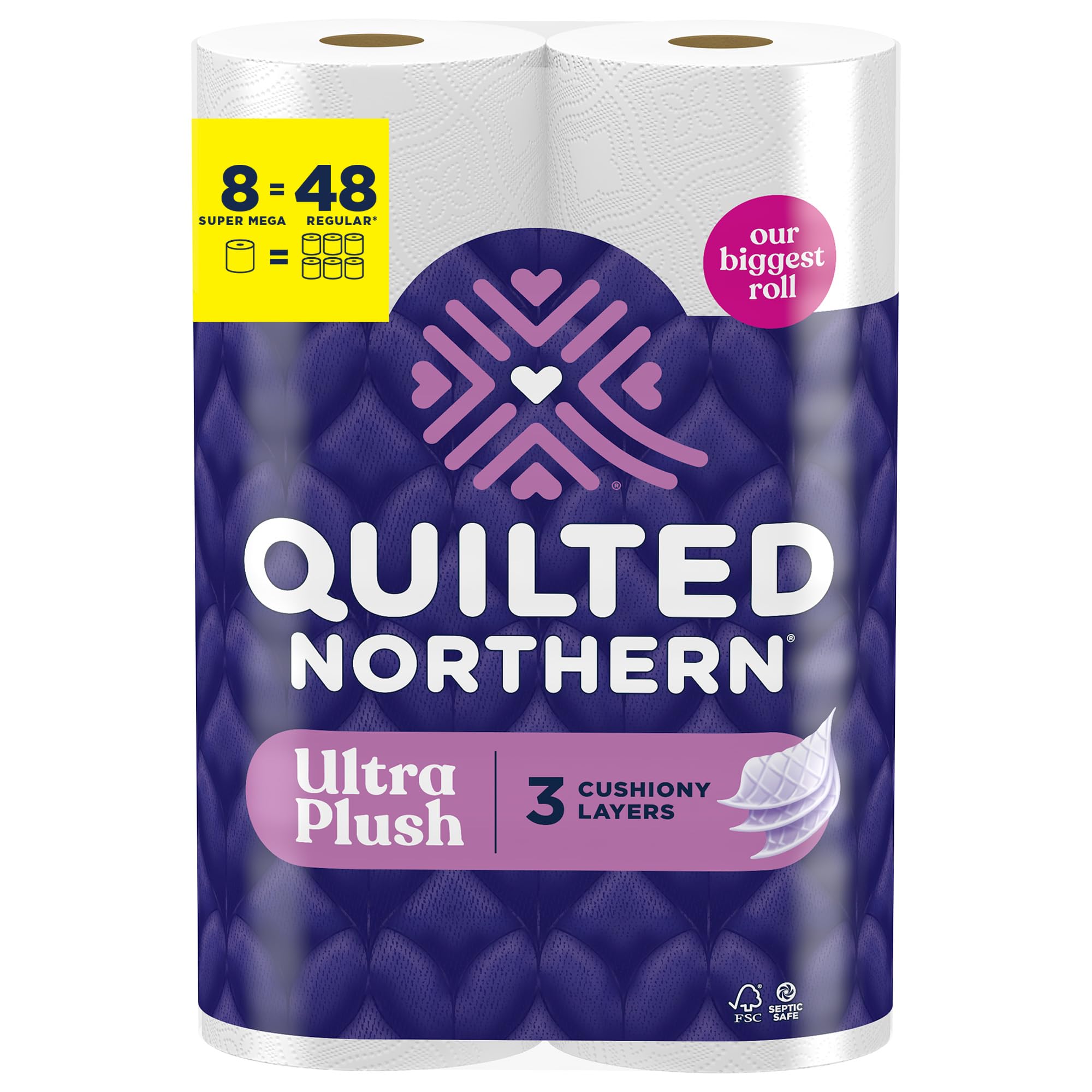 Quilted Northern vista frontal del paquete con 8 rollos, conveniencia prolongada
