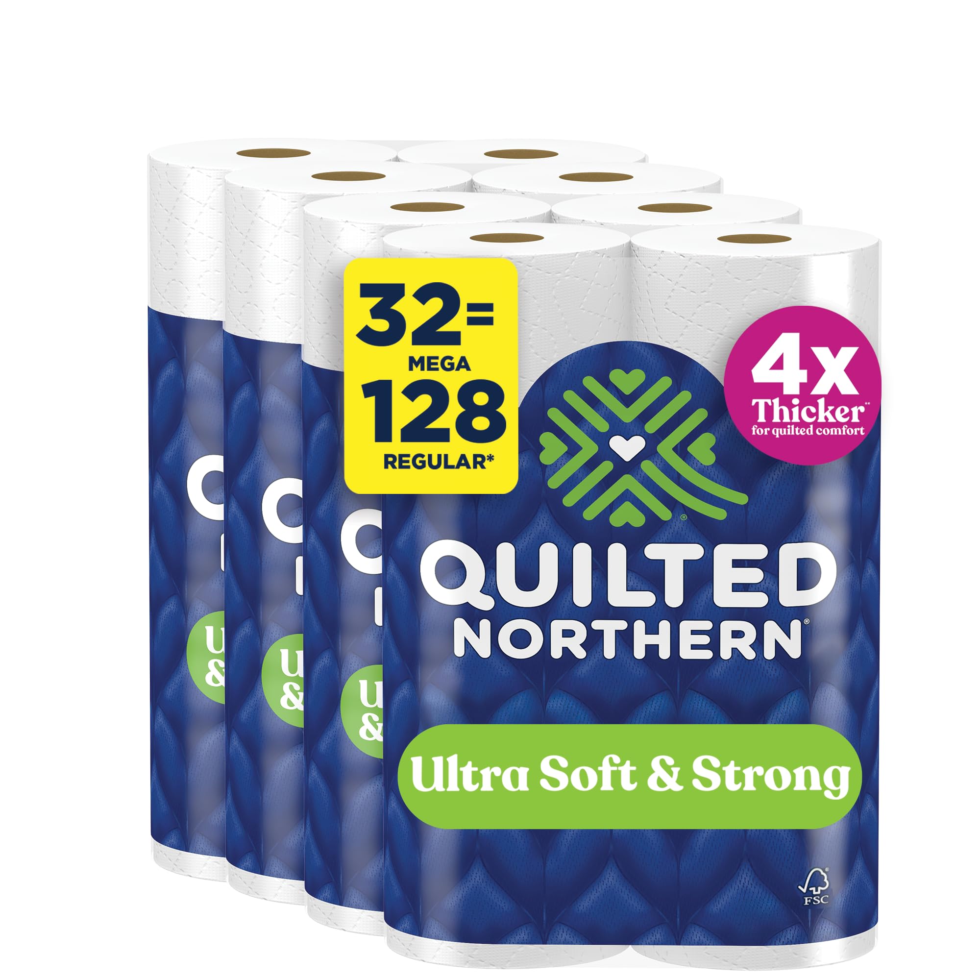 Quilted Northern paquete frontal muestra 32 mega rollos y ahorro visible