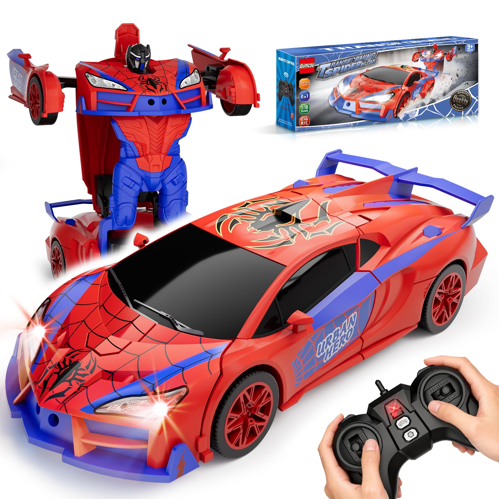 Qumcou coche RC frontal en caja mostrando presentación y facilidad de regalo