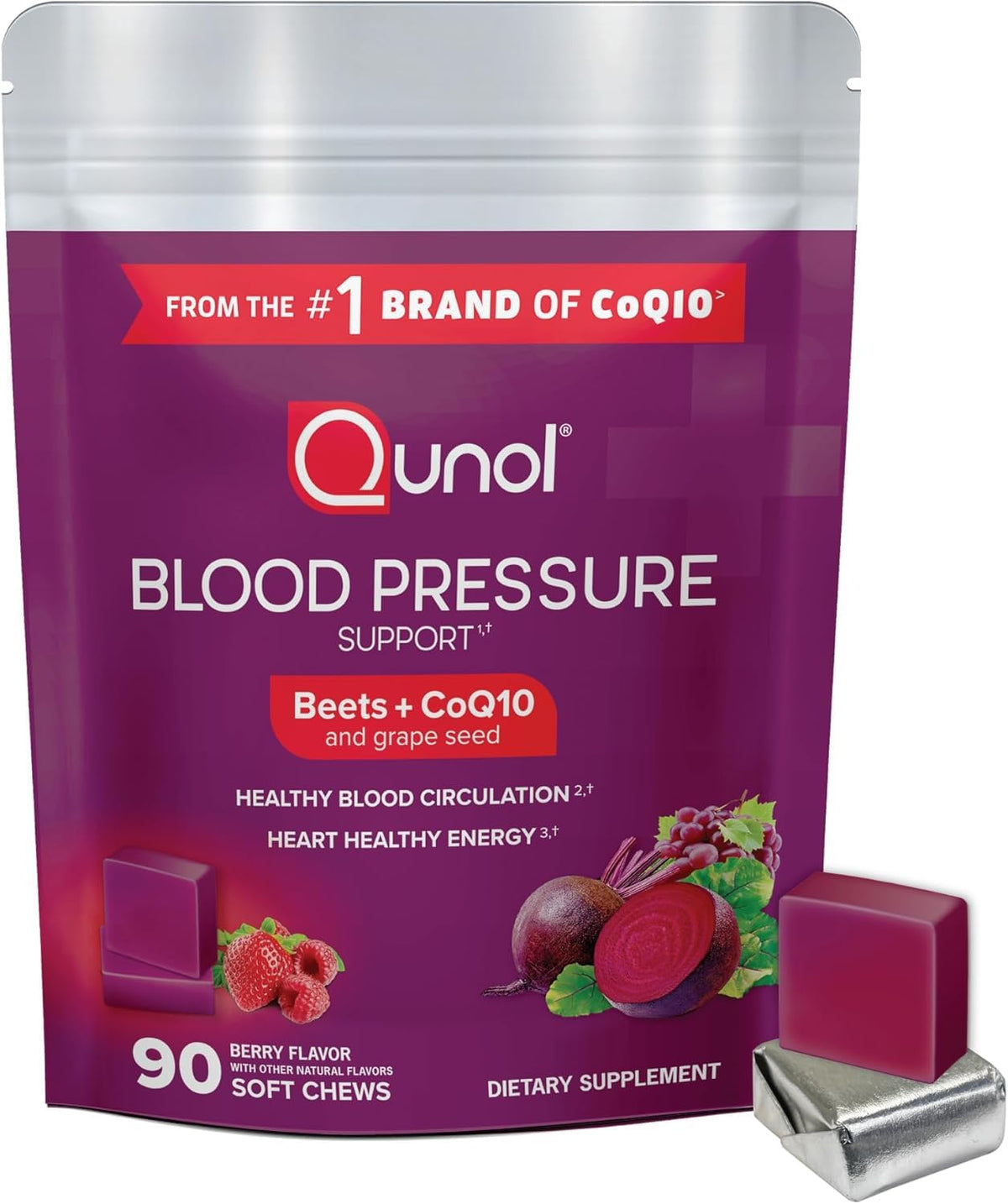 Qunol frasco frontal mostrando etiqueta y beneficio circulatorio