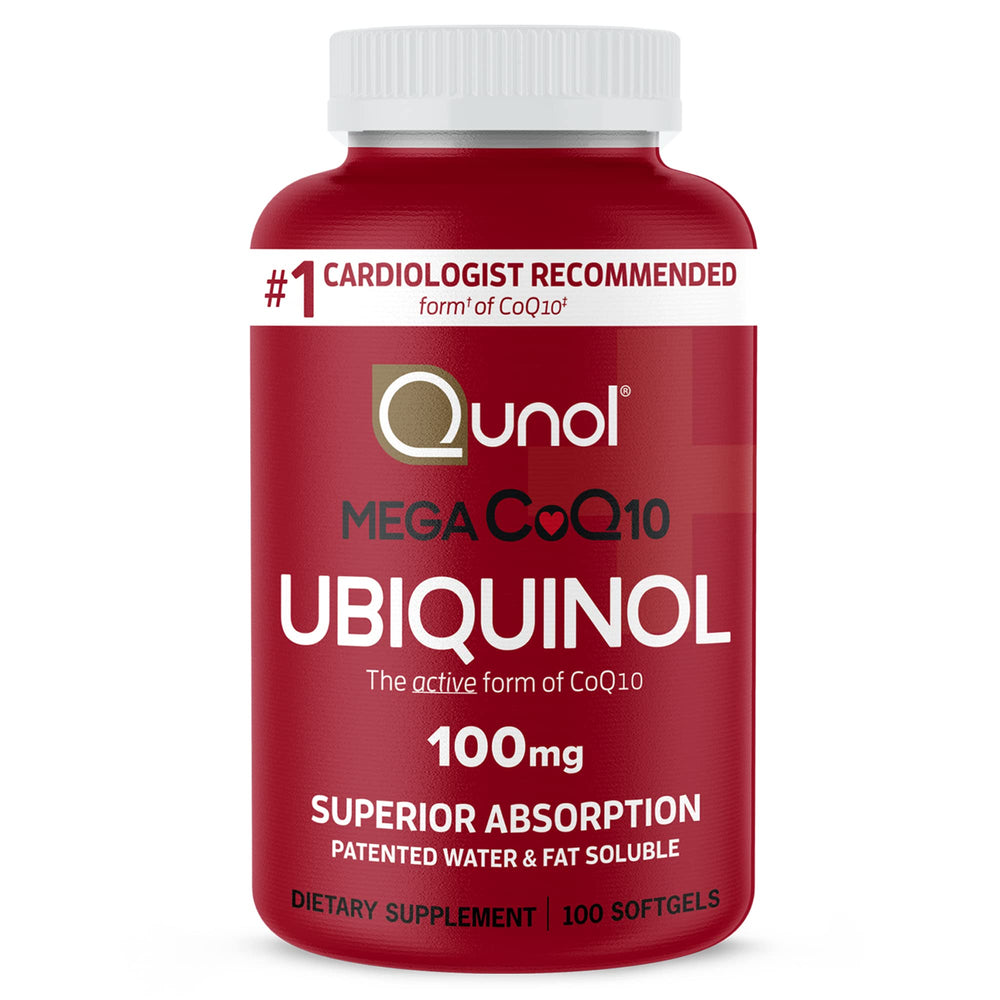 Qunol caja y botella frontal mostrando diseño y concentración 100 mg beneficio claridad