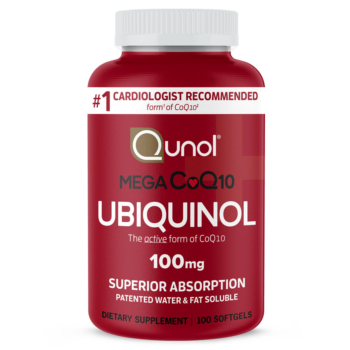 Qunol caja y botella frontal mostrando diseño y concentración 100 mg beneficio claridad