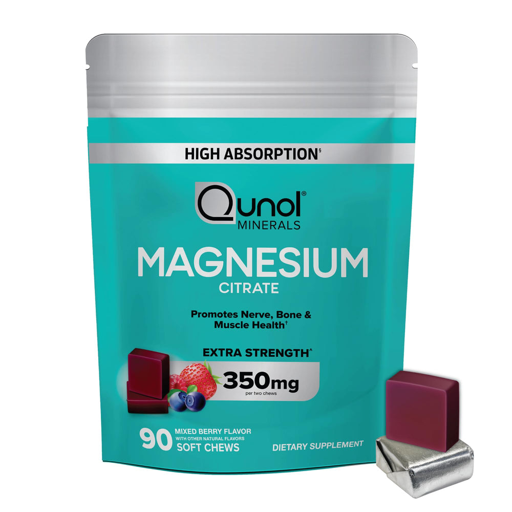 Qunol envase frontal de gomitas magnesio 350mg muestra la presentación clara