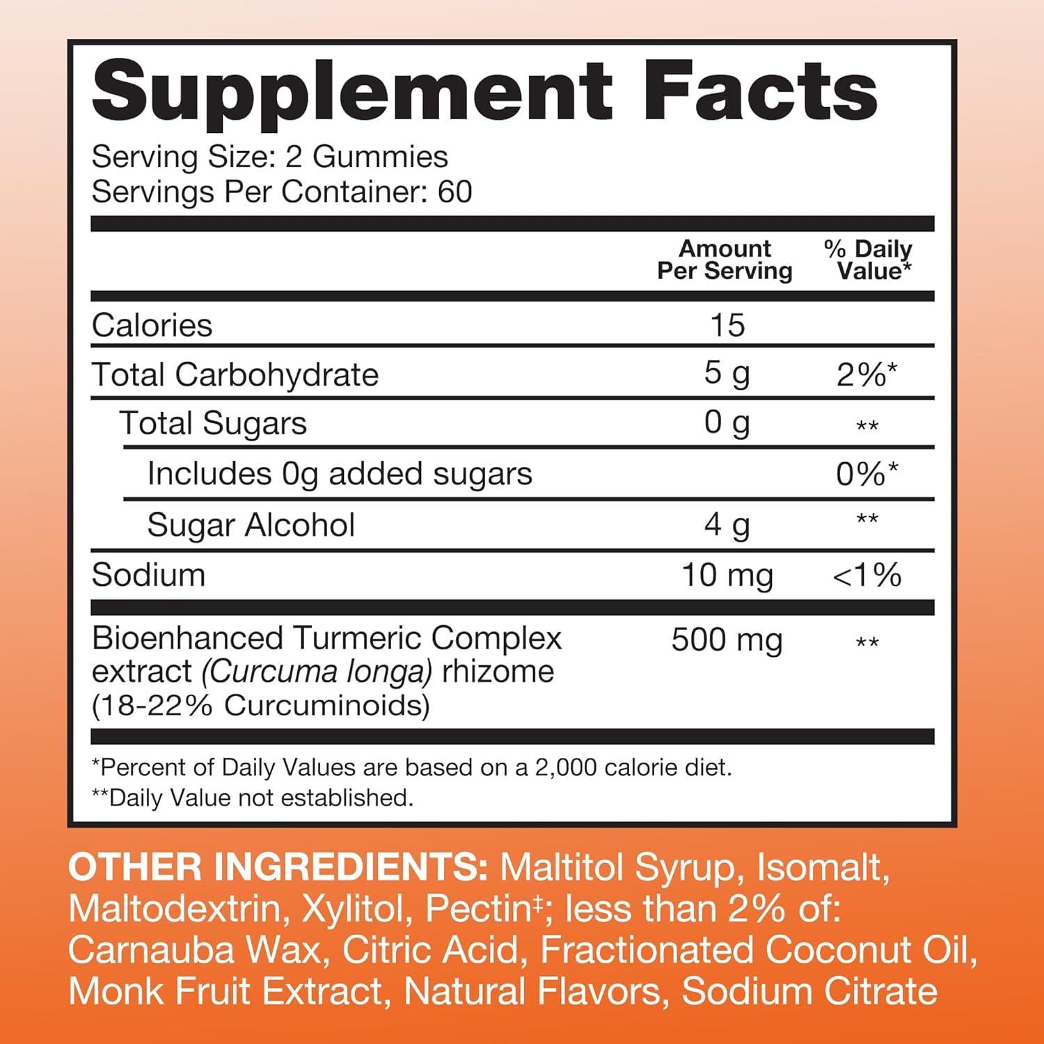 Qunol empaque lateral destacando 500 mg de cúrcuma por porción
