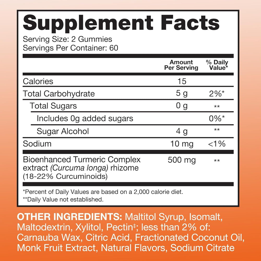 Qunol empaque lateral destacando 500 mg de cúrcuma por porción