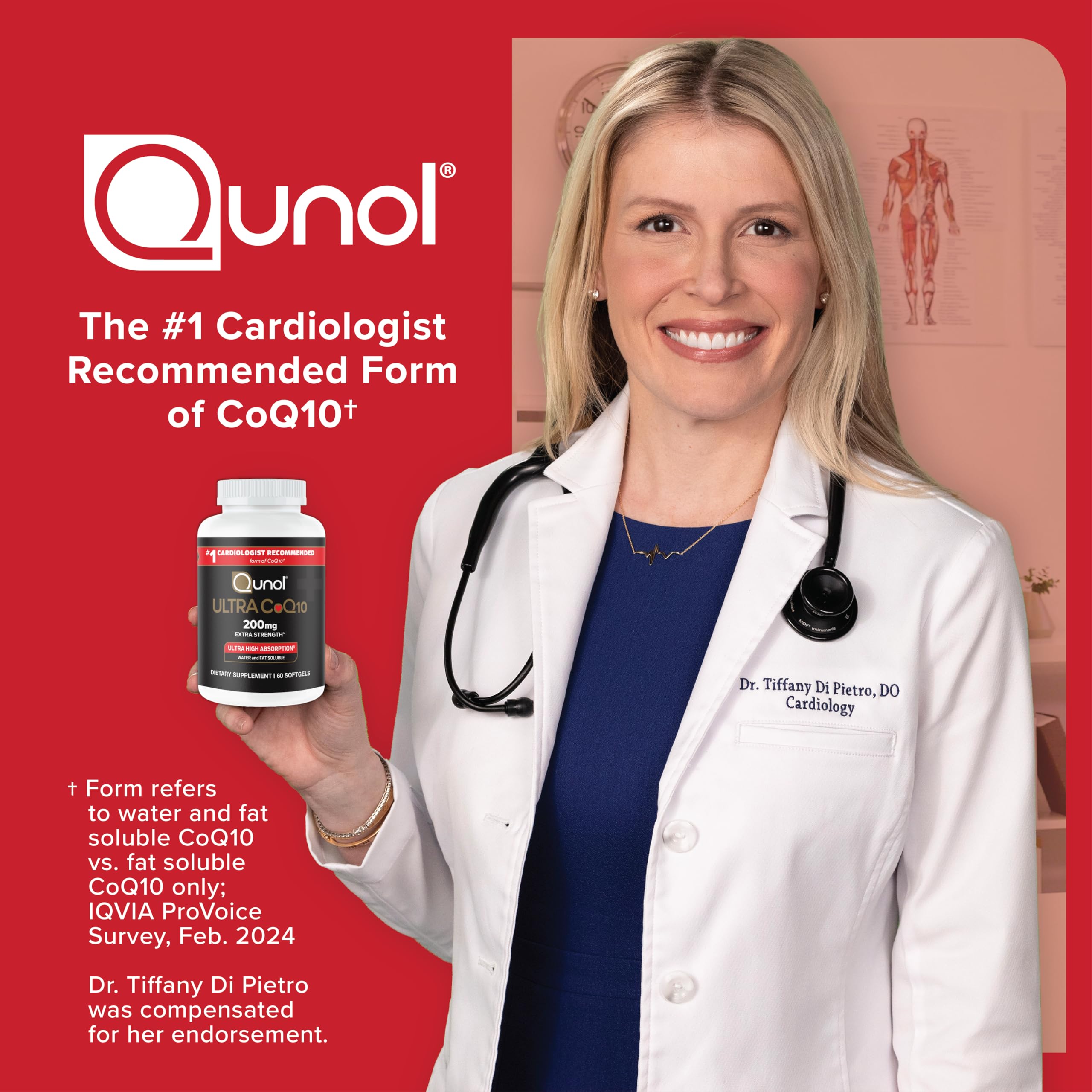 Qunol botella abierta con softgels alrededor que muestra cantidad disponible