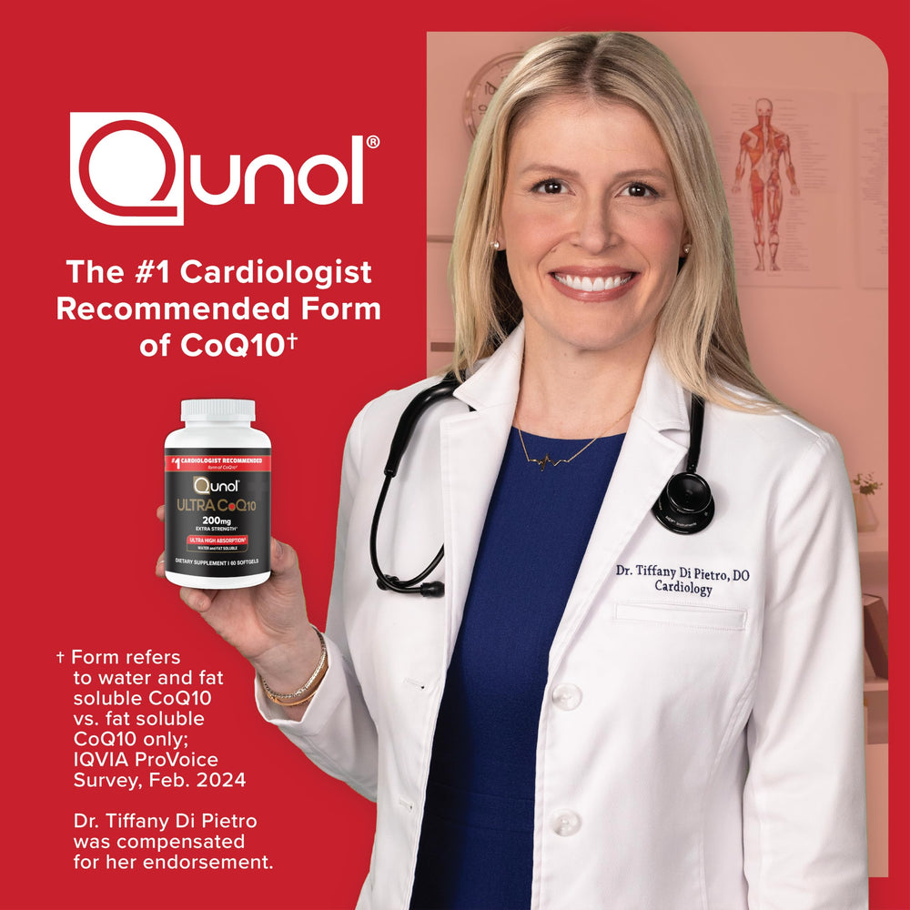 Qunol botella abierta con softgels alrededor que muestra cantidad disponible