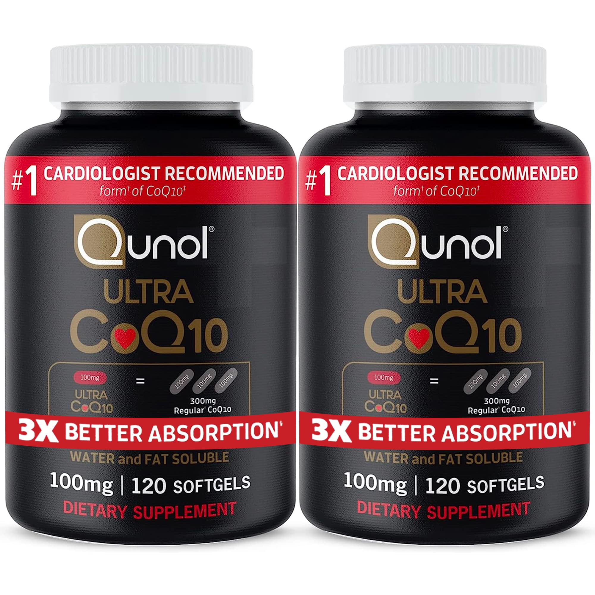 Qunol frasco frontal mostrando 240 softgels y beneficio de suministro prolongado