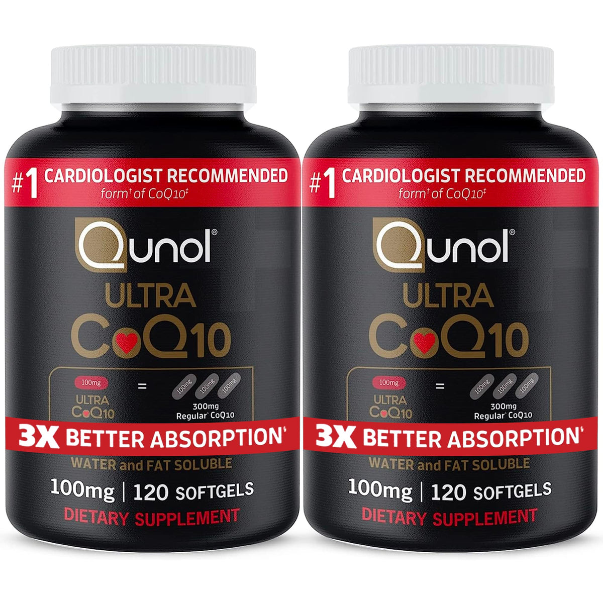 Qunol frasco frontal mostrando 240 softgels y beneficio de suministro prolongado