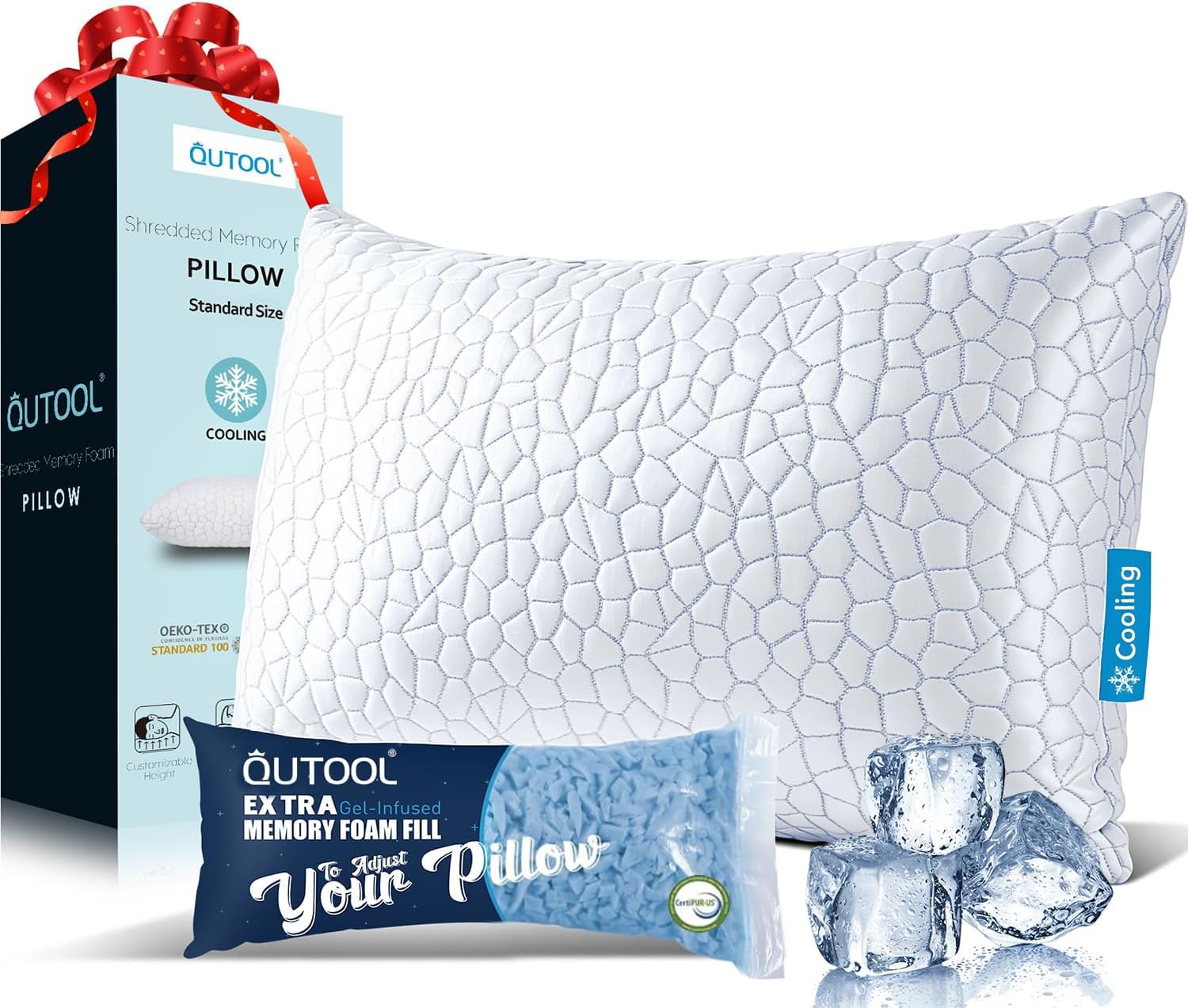 QUTOOL front view showing pillow and cool dual-sided cover for temperature control