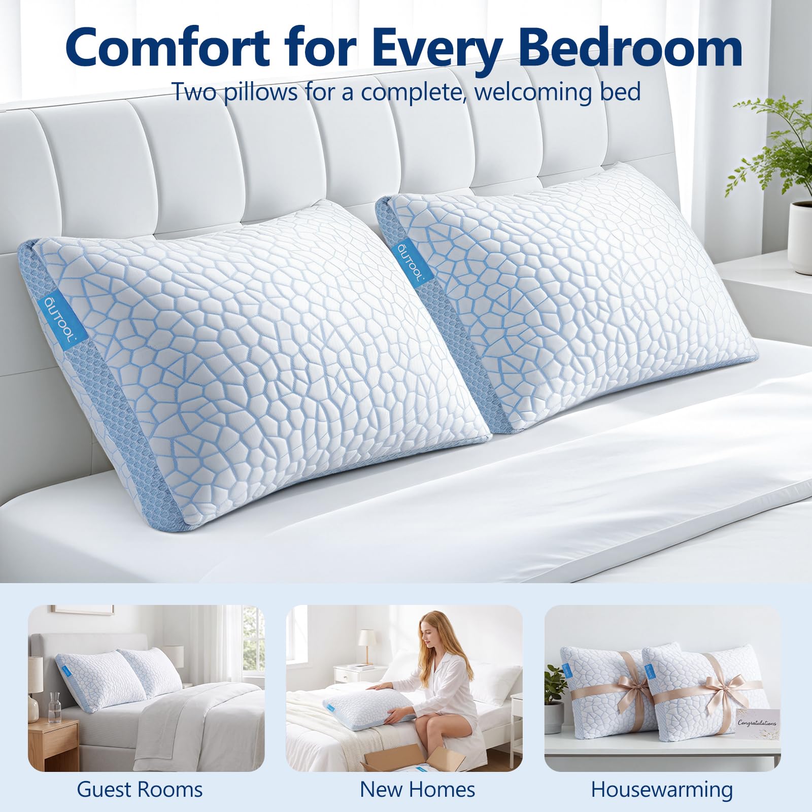 QUTOOL almohadas colocadas en cama creando un ambiente de descanso fresco