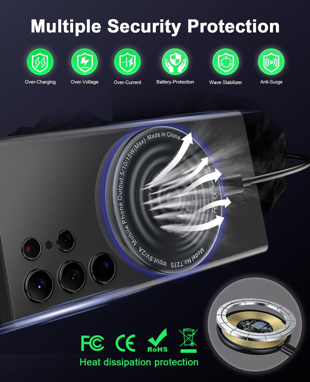 QUZUDN cargador en uso con un Samsung Galaxy demostrando carga rápida 15W