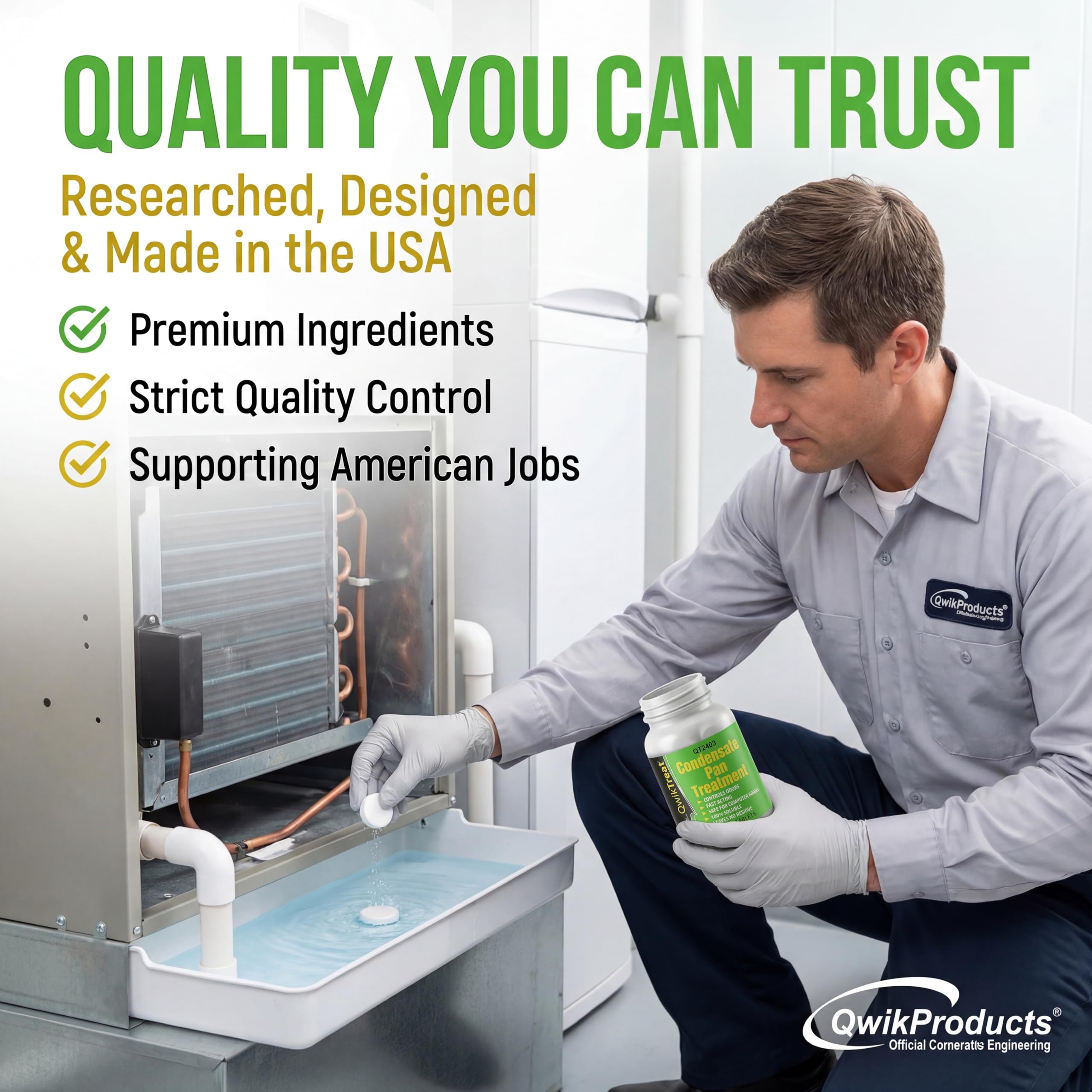 QwikProducts tablet in a laundry room AC unit showing fresh air benefit