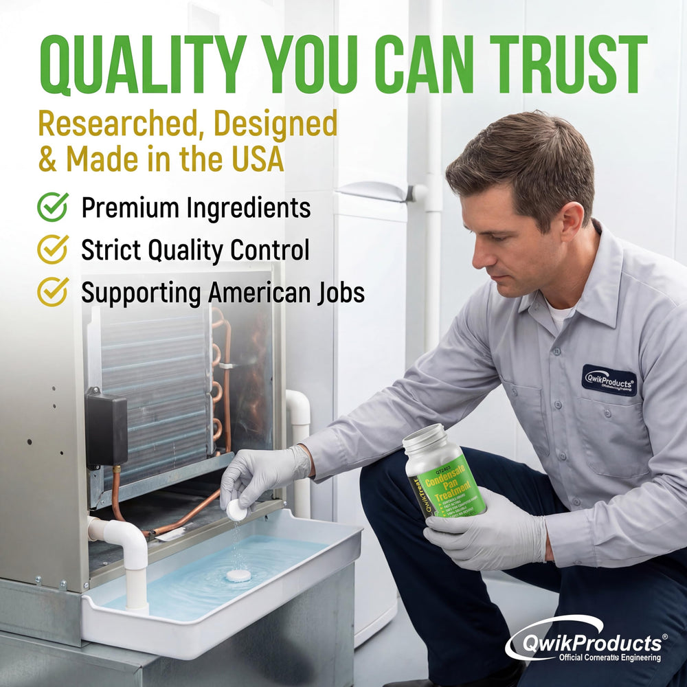 QwikProducts tablet in a laundry room AC unit showing fresh air benefit
