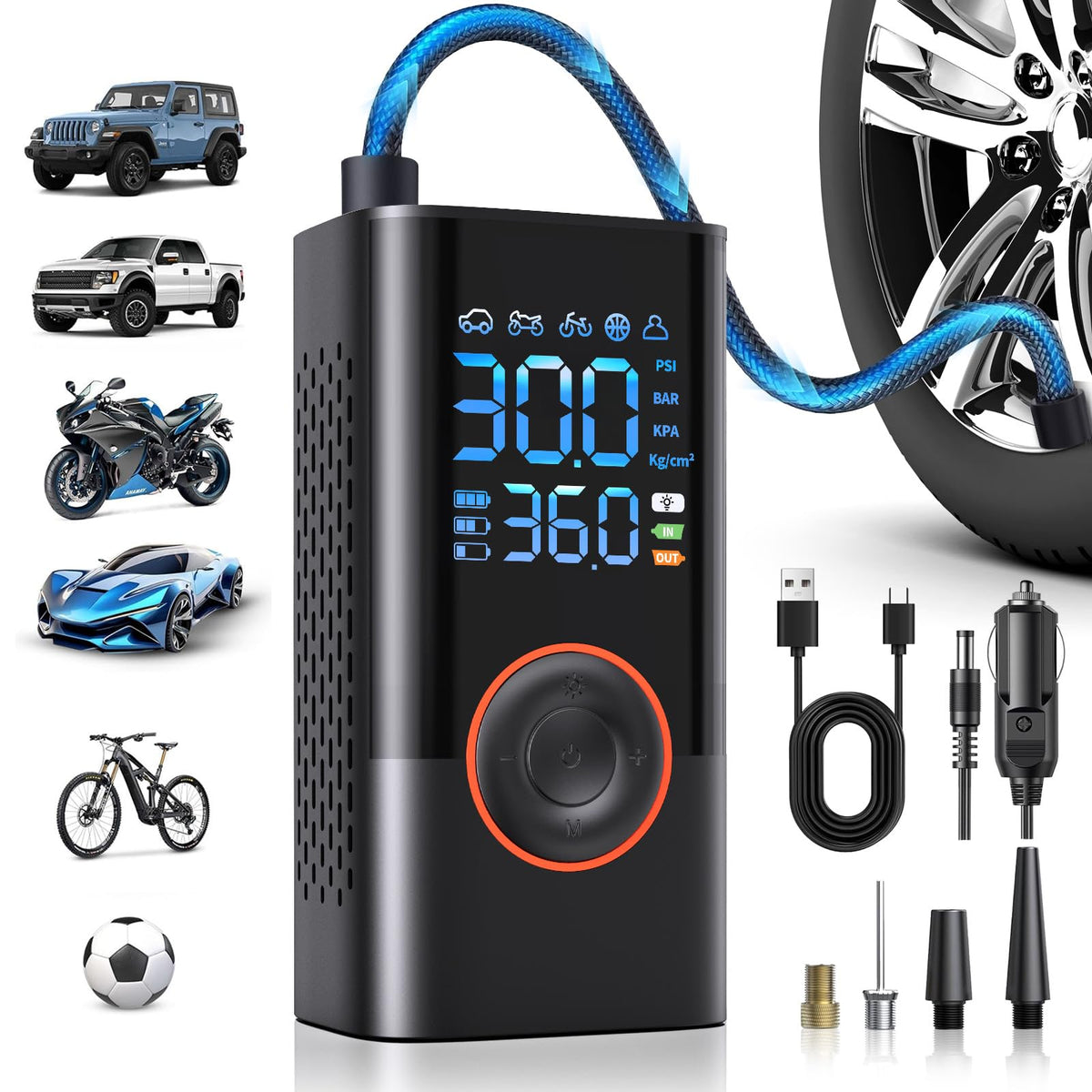 QYQBOON vista frontal del compresor con accesorios y beneficios de portabilidad