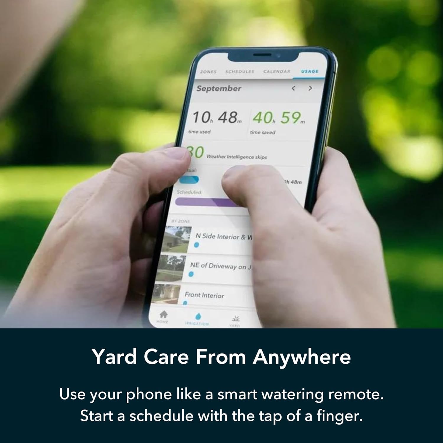 Rachio app schedule screen on smartphone showing adaptive schedules benefit remote control