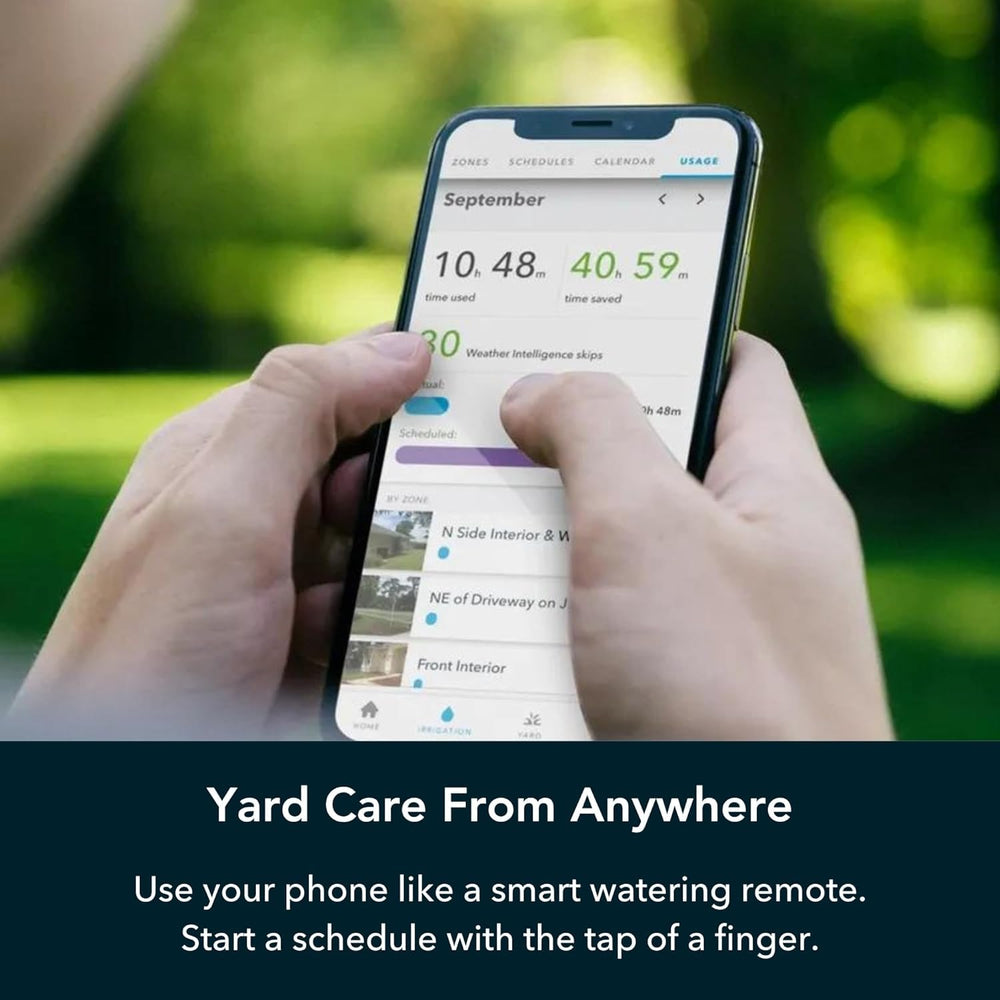 Rachio app schedule screen on smartphone showing adaptive schedules benefit remote control