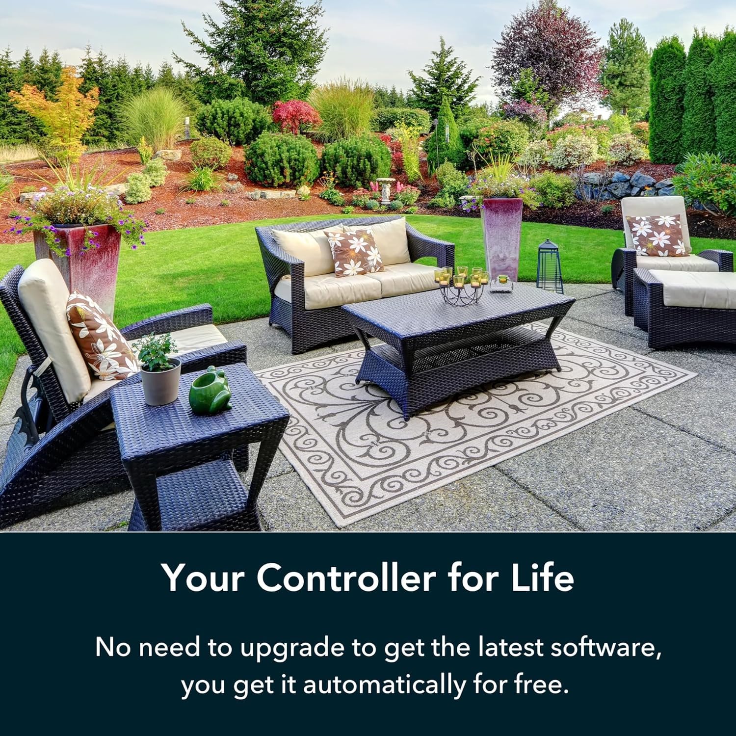 Rachio in garden lifestyle scene controlling sprinklers benefit healthy water‑efficient lawn