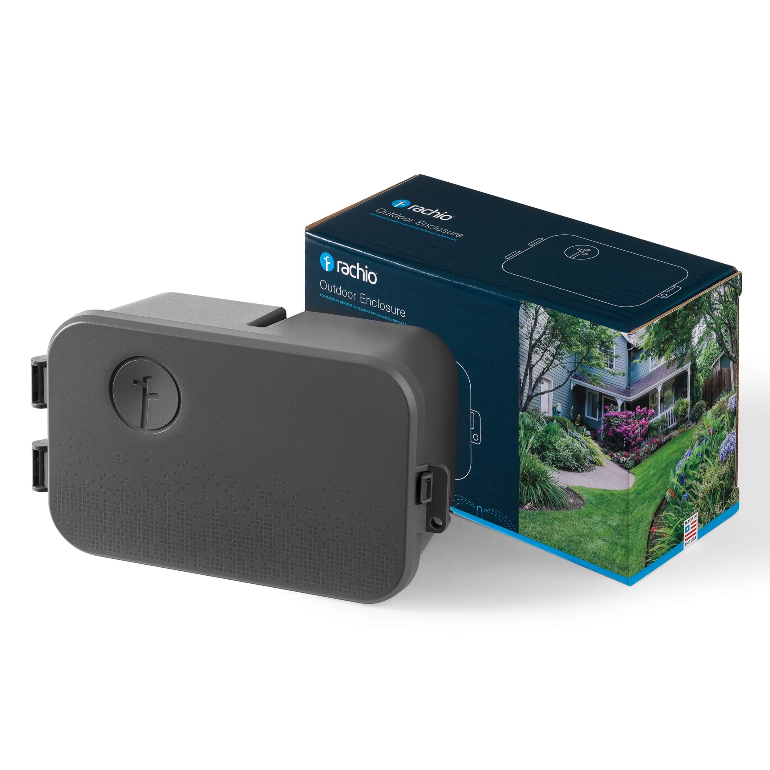 Rachio enclosure in garden setting providing discreet outdoor protection
