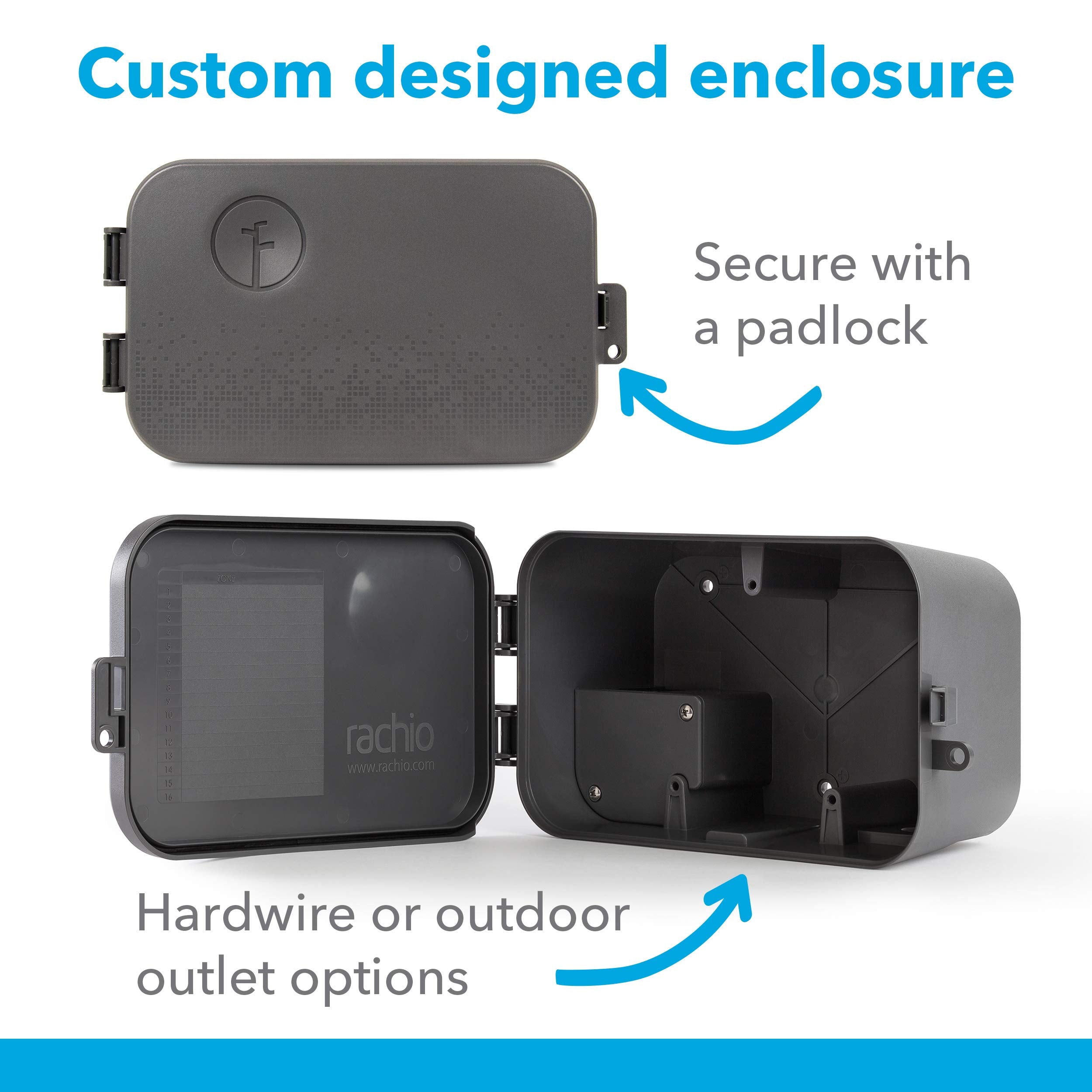 Rachio enclosure mounted on exterior wall for secure outdoor installation