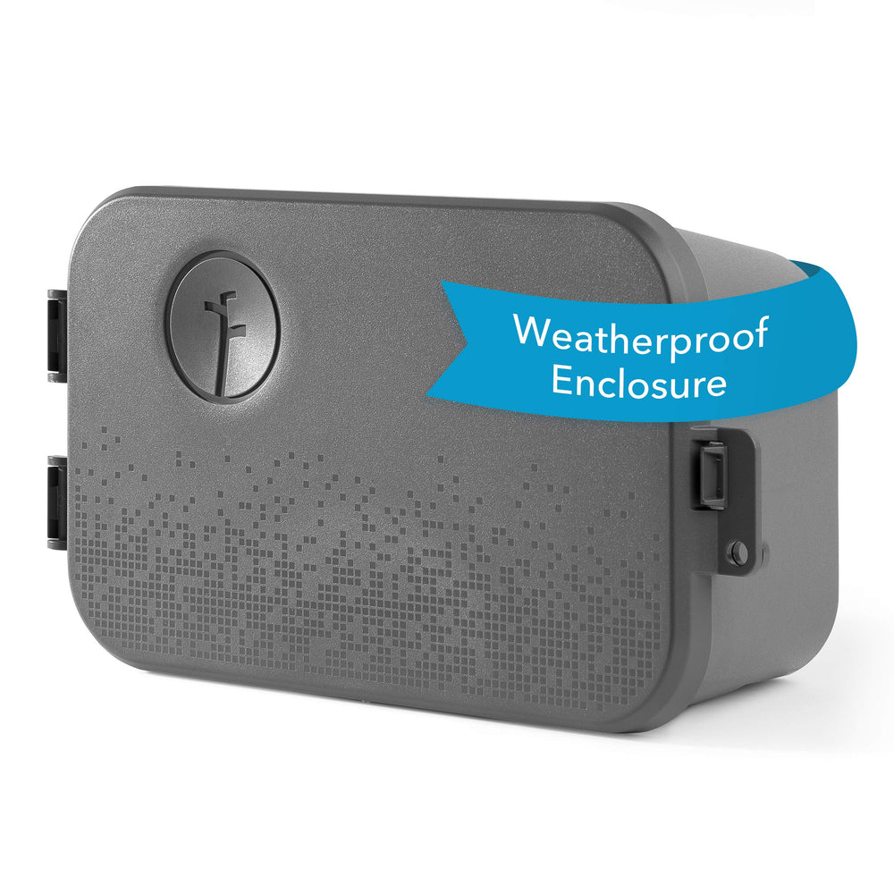 Rachio enclosure front view showing weatherproof protection and brand aesthetic
