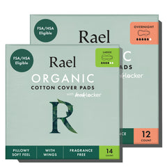 Rael empaque frontal Large y Overnight mostrando conteo y beneficios