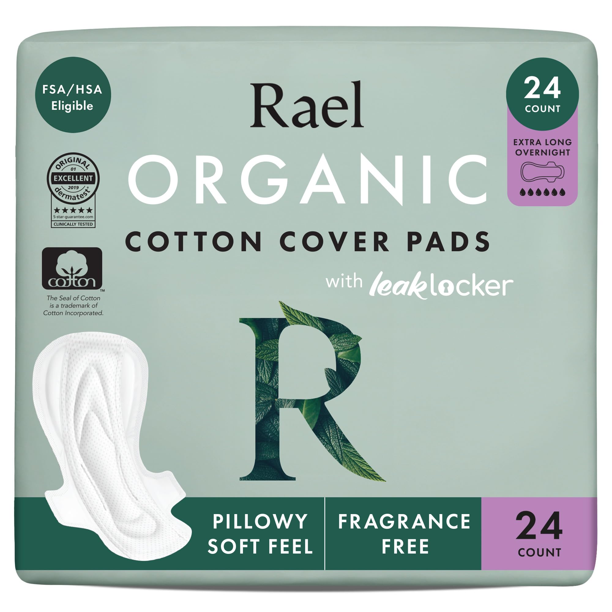Rael XL overnight pack front view showing count and organic cotton benefit