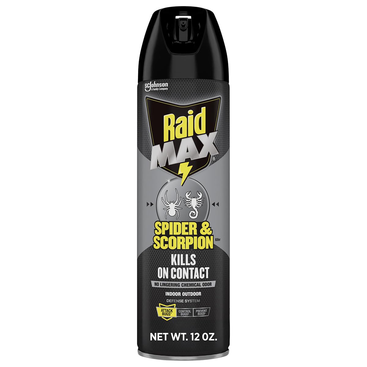 Raid Max aerosol frente del envase que muestra la presentación de 12 oz y uso doméstico