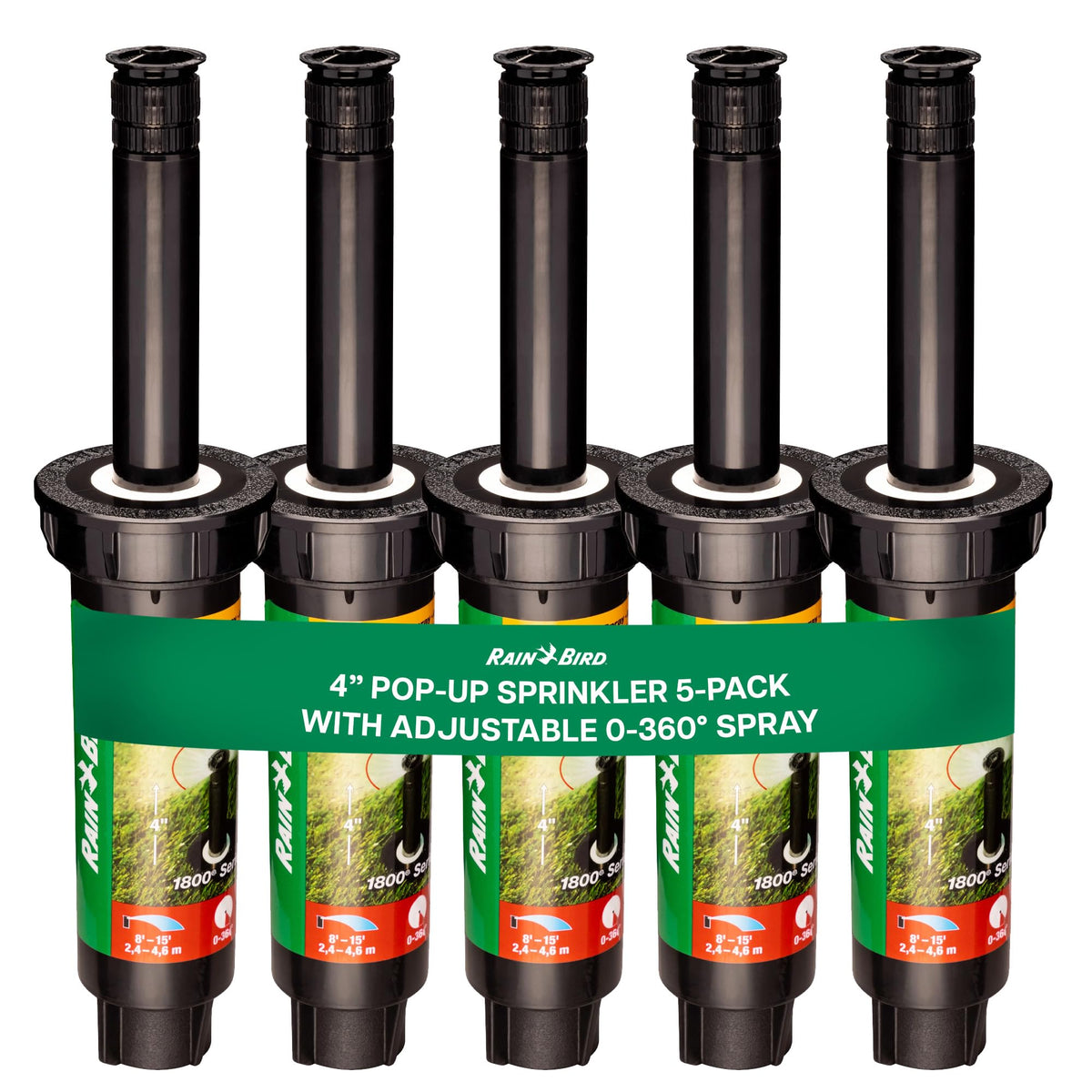 Rain Bird front packaging showing five 1804VAN heads and benefits