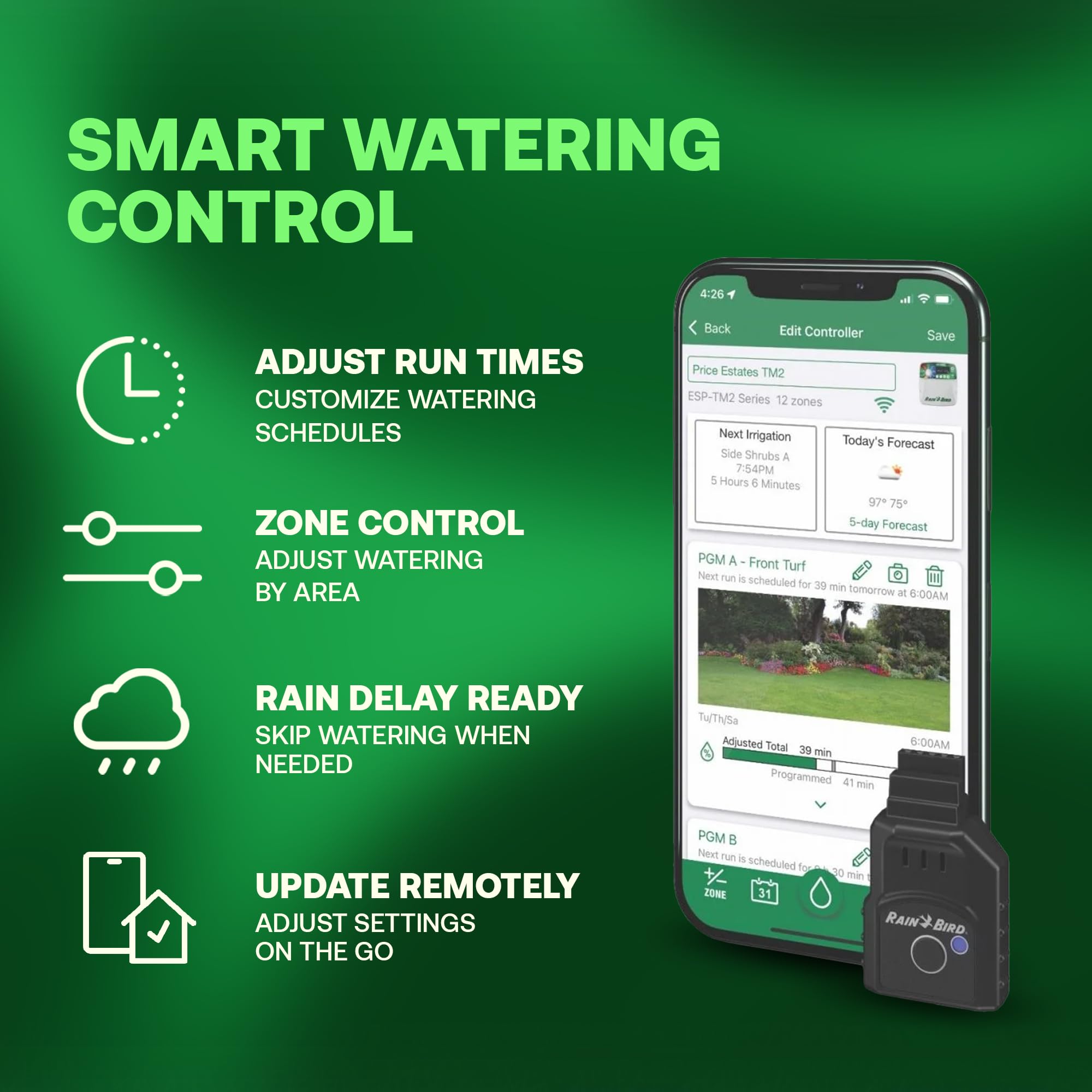 Rain Bird LNK2 app screen on phone showing zone control benefits