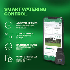 Rain Bird LNK2 app screen on phone showing zone control benefits