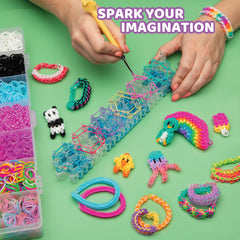 Rainbow Loom close-up of colorful bands showing vibrant shades and clear pattern options