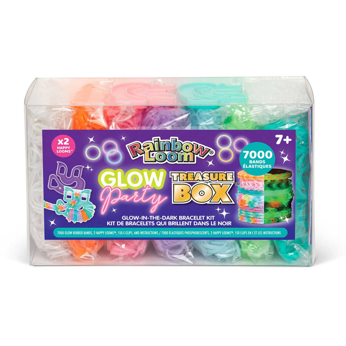 Rainbow Loom cofre frontal abierto mostrando bandas y accesorios, fácil organización