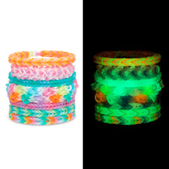 Rainbow Loom primer plano de bandas glow mostrando color y textura duradera